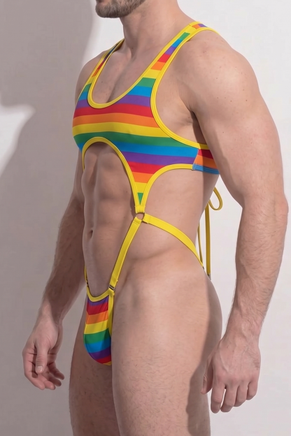 Joylgbt Men's Rainbow Stripe Cutout One-Piece Harness Bodysuit 