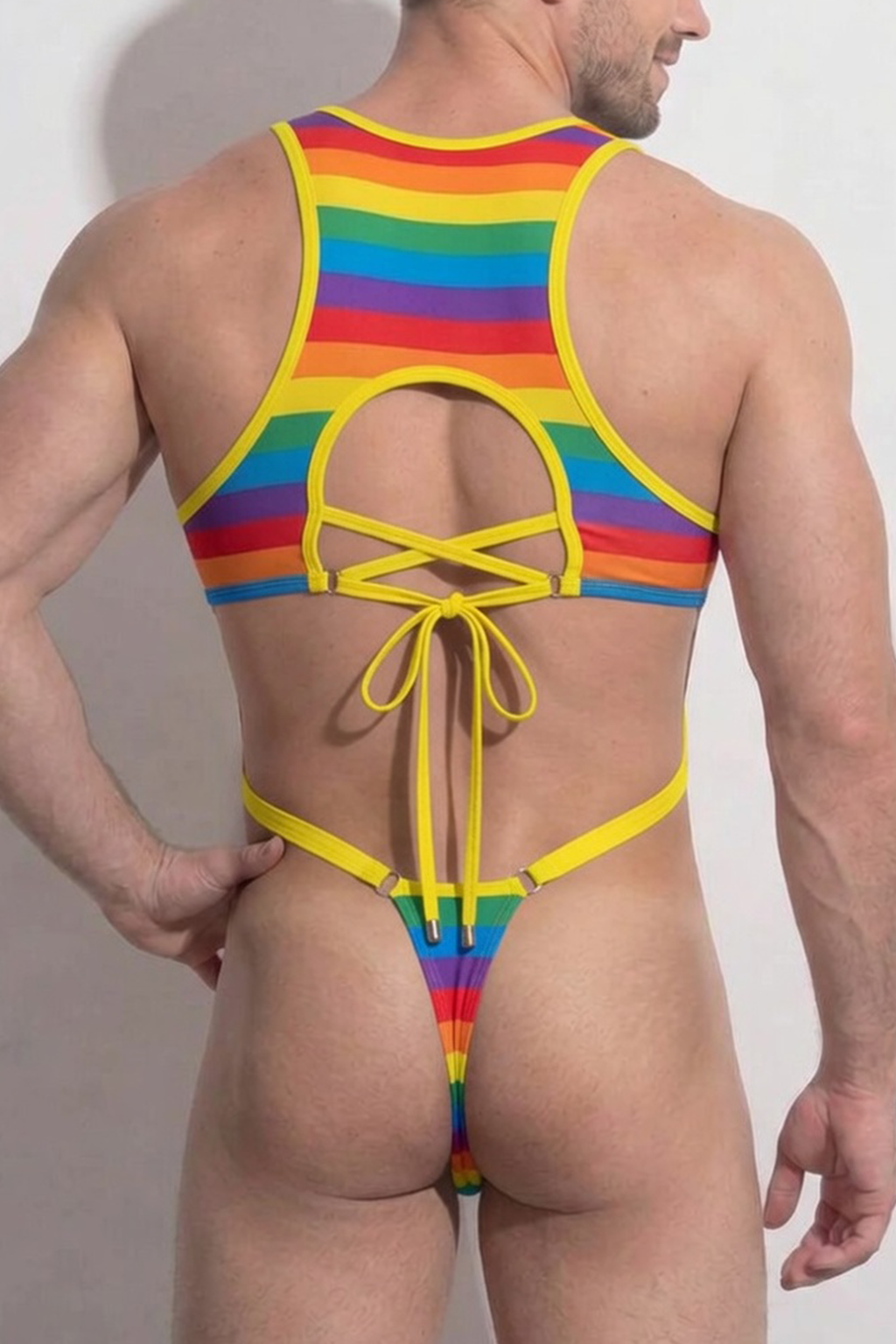 Joylgbt Men's Rainbow Stripe Cutout One-Piece Harness Bodysuit 