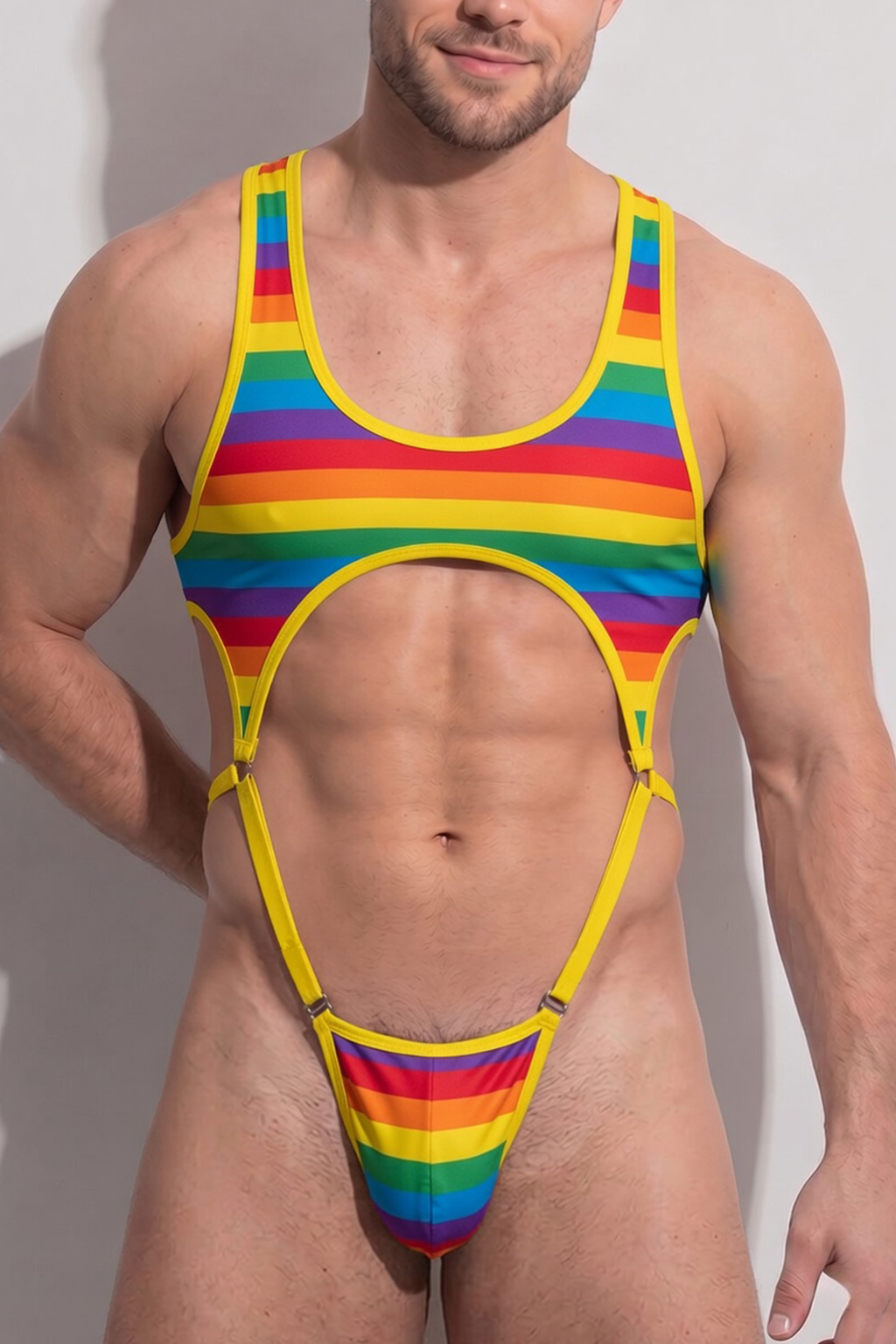 Joylgbt Men's Rainbow Stripe Cutout One-Piece Harness Bodysuit 