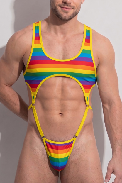 Joylgbt Men's Rainbow Stripe Cutout One-Piece Harness Bodysuit 