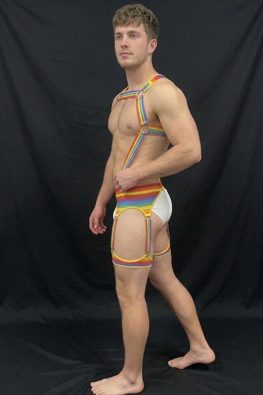 Joylgbt Men's Rainbow Stripe Harness Garter Brief Set