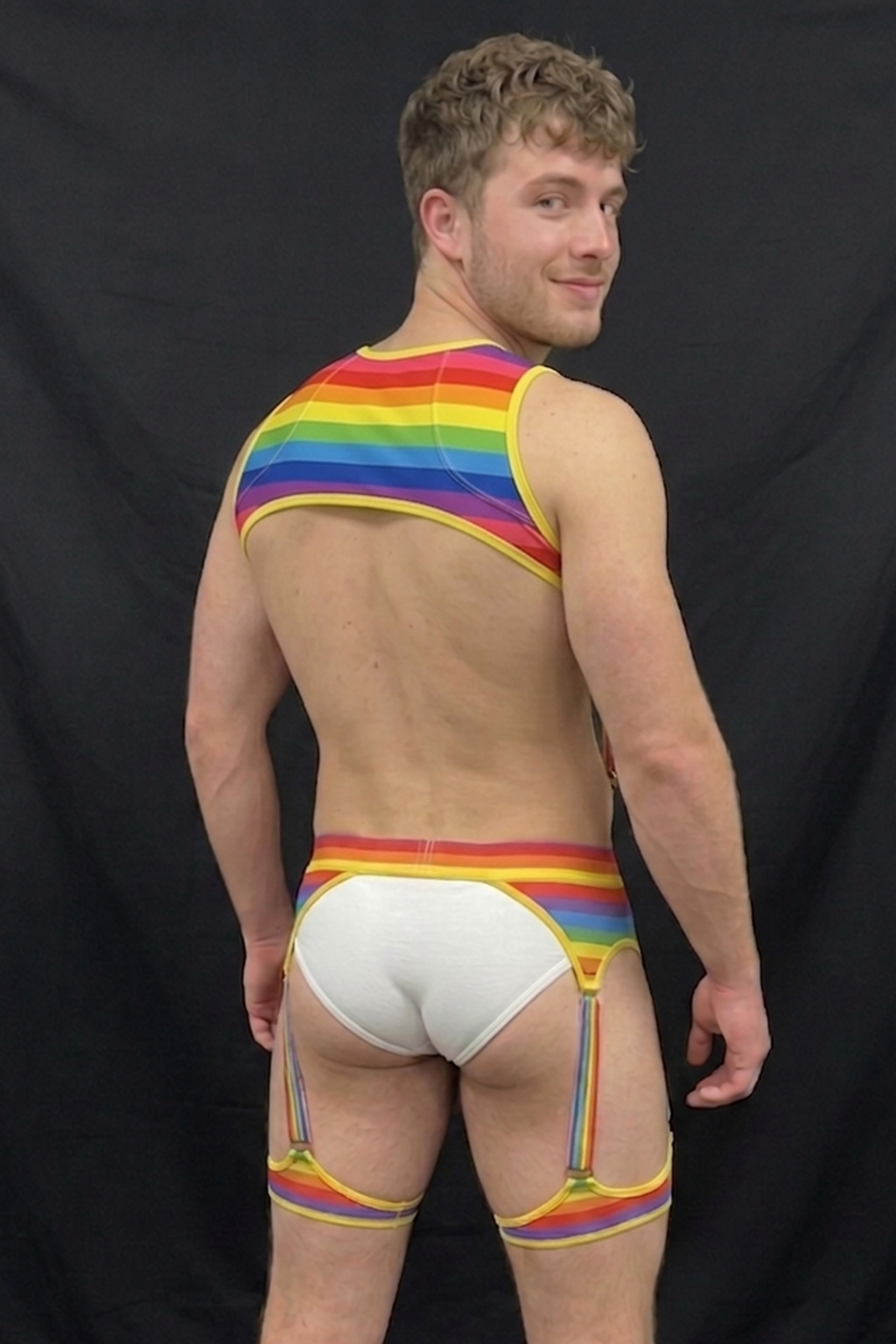 Joylgbt Men's Rainbow Stripe Harness Garter Brief Set