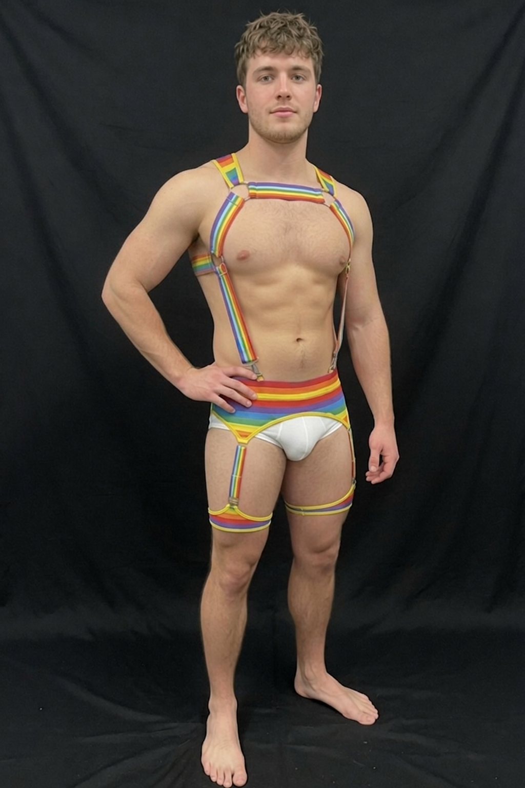 Joylgbt Men's Rainbow Stripe Harness Garter Brief Set