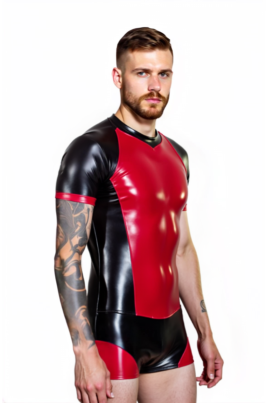 Joylgbt Men's Glossy Black & Red Bodysuit