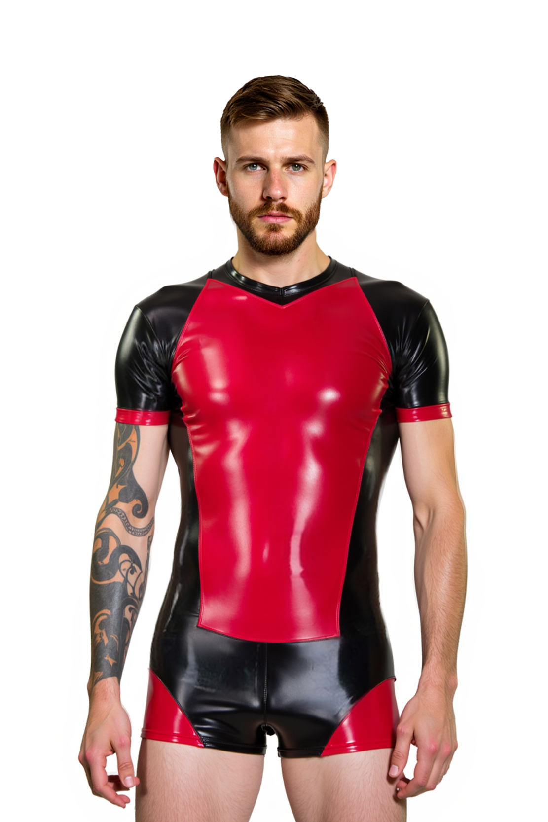 Joylgbt Men's Glossy Black & Red Bodysuit