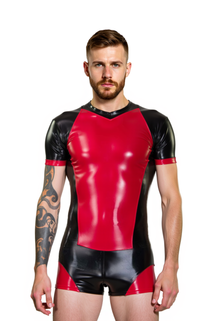 Joylgbt Men's Glossy Black & Red Bodysuit