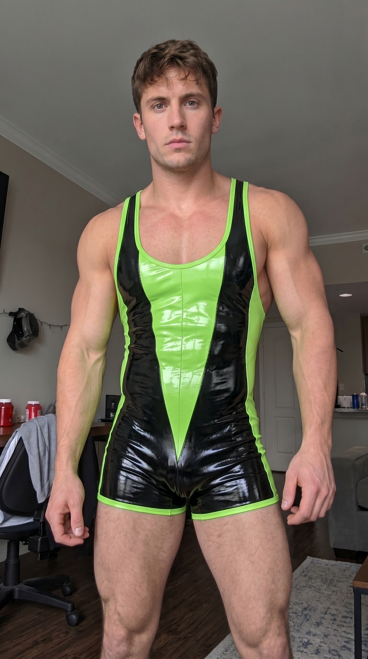 Joylgbt Men’s Black and Neon Green Glossy Colorblock Body-Hugging Romper Stretch Performance Short Jumpsuit