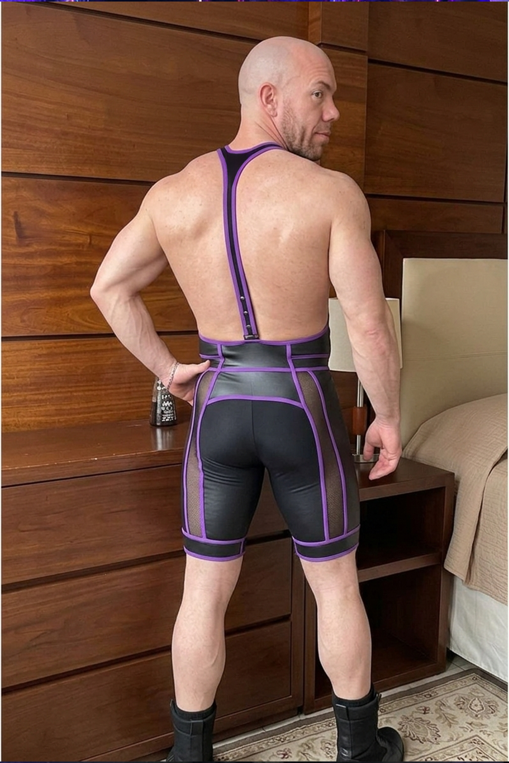 Joylgbt Men’s PU Leather & Mesh Spliced Tight Singlet Romper Shorts