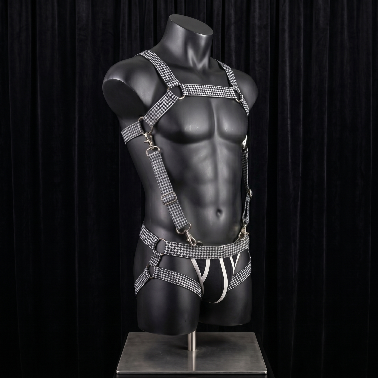 Joylgbt Men's Houndstooth Metal-Ring Elastic Harness Underwear Set