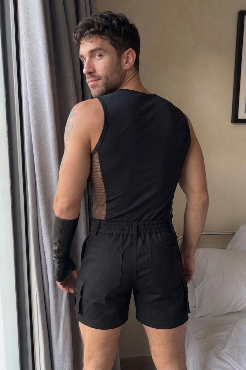Joylgbt Men’s Black Lace-Up Mesh Tank (Without shorts )