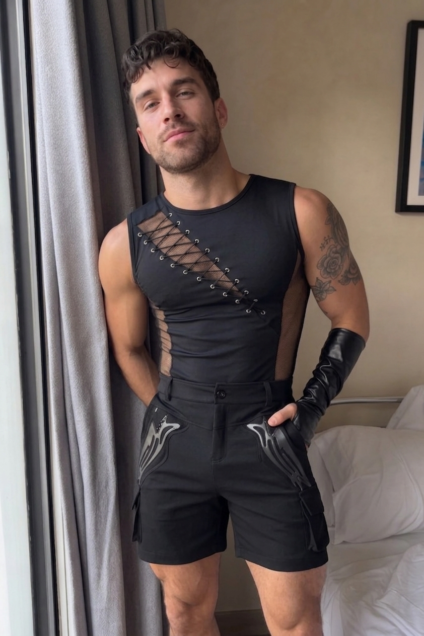 Joylgbt Men’s Black Lace-Up Mesh Tank (Without shorts )