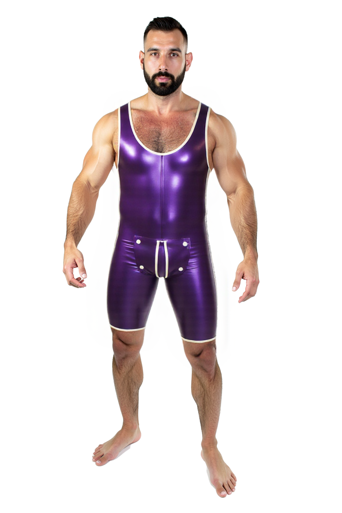 Joylgbt Glossy Wrestling Singlet – Deep Purple with Retro White Accents