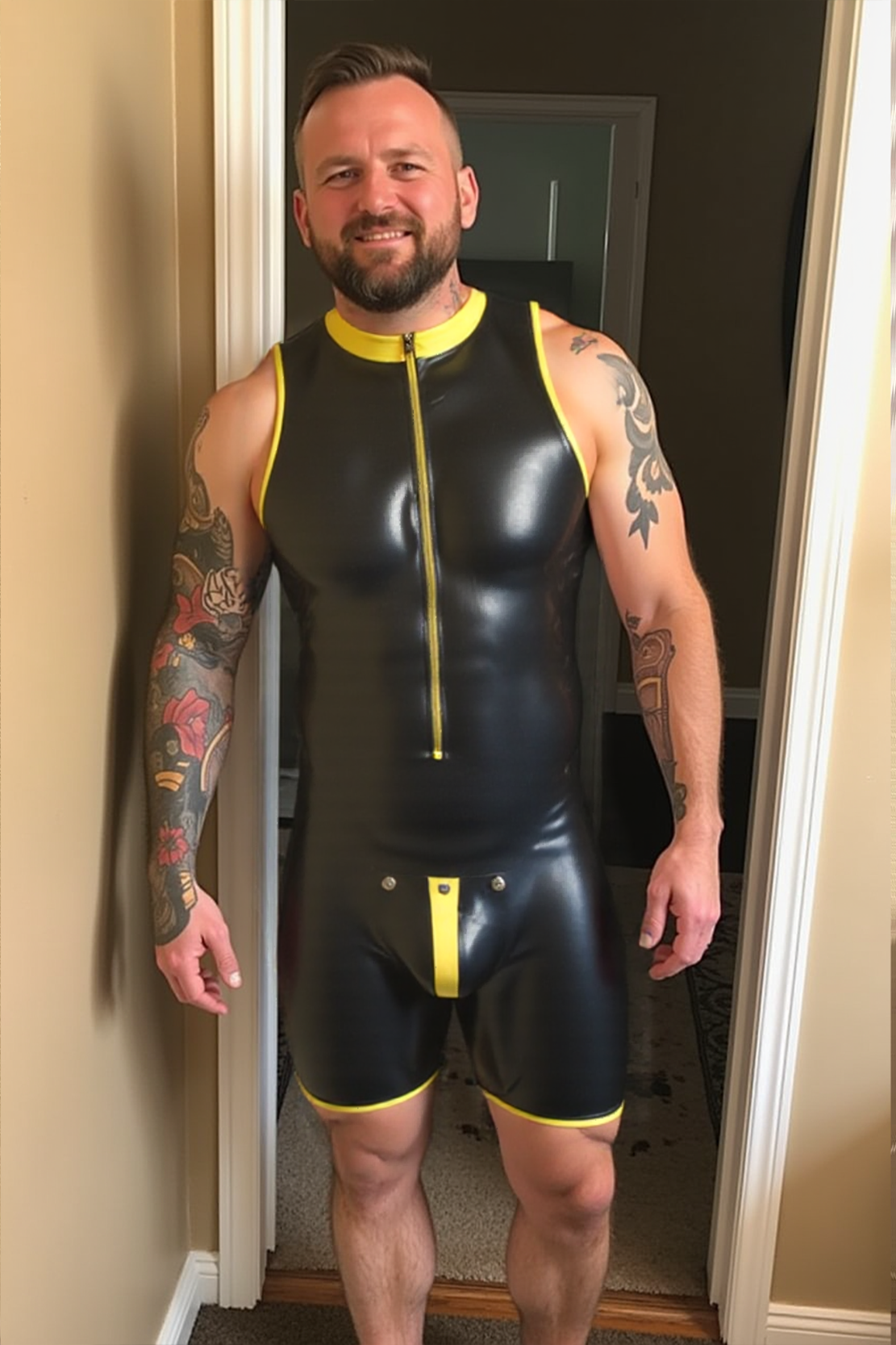 Joylgbt Sleeveless Glossy Black Bodysuit with Yellow Trim and Zipper Front
