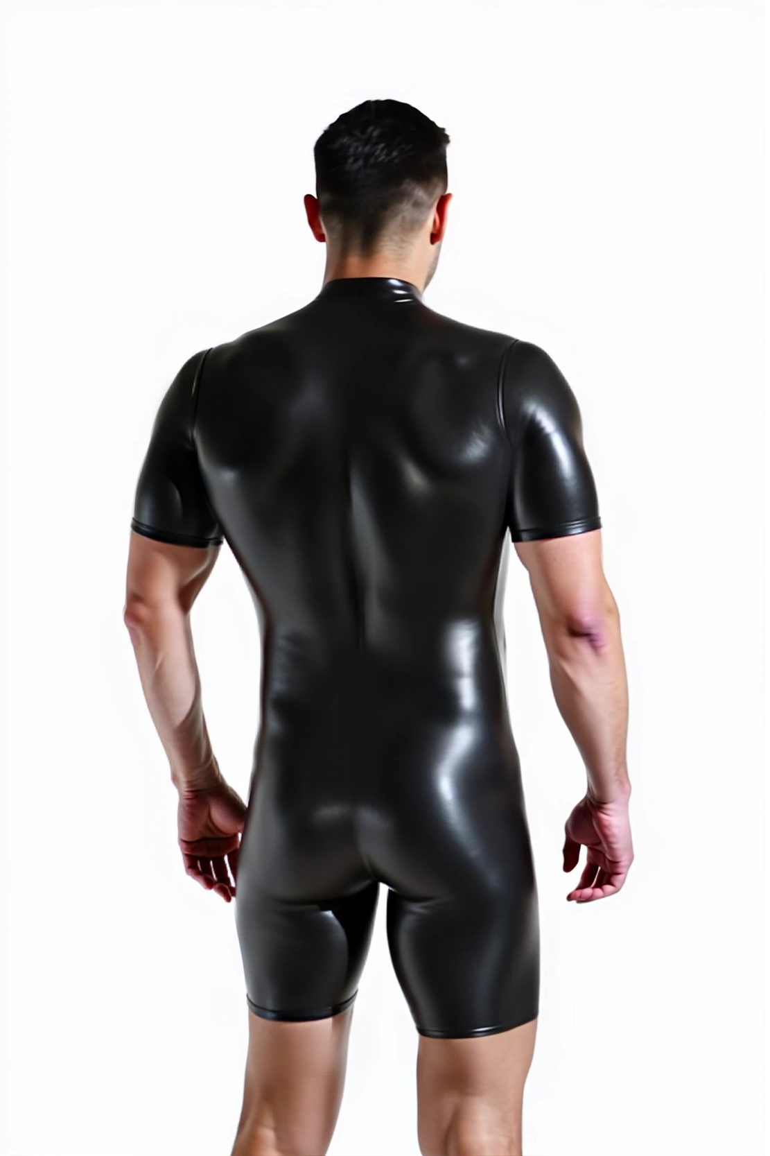 Joylgbt Black & White Glossy Bodysuit – Short Sleeve One-Piece with Front Zip