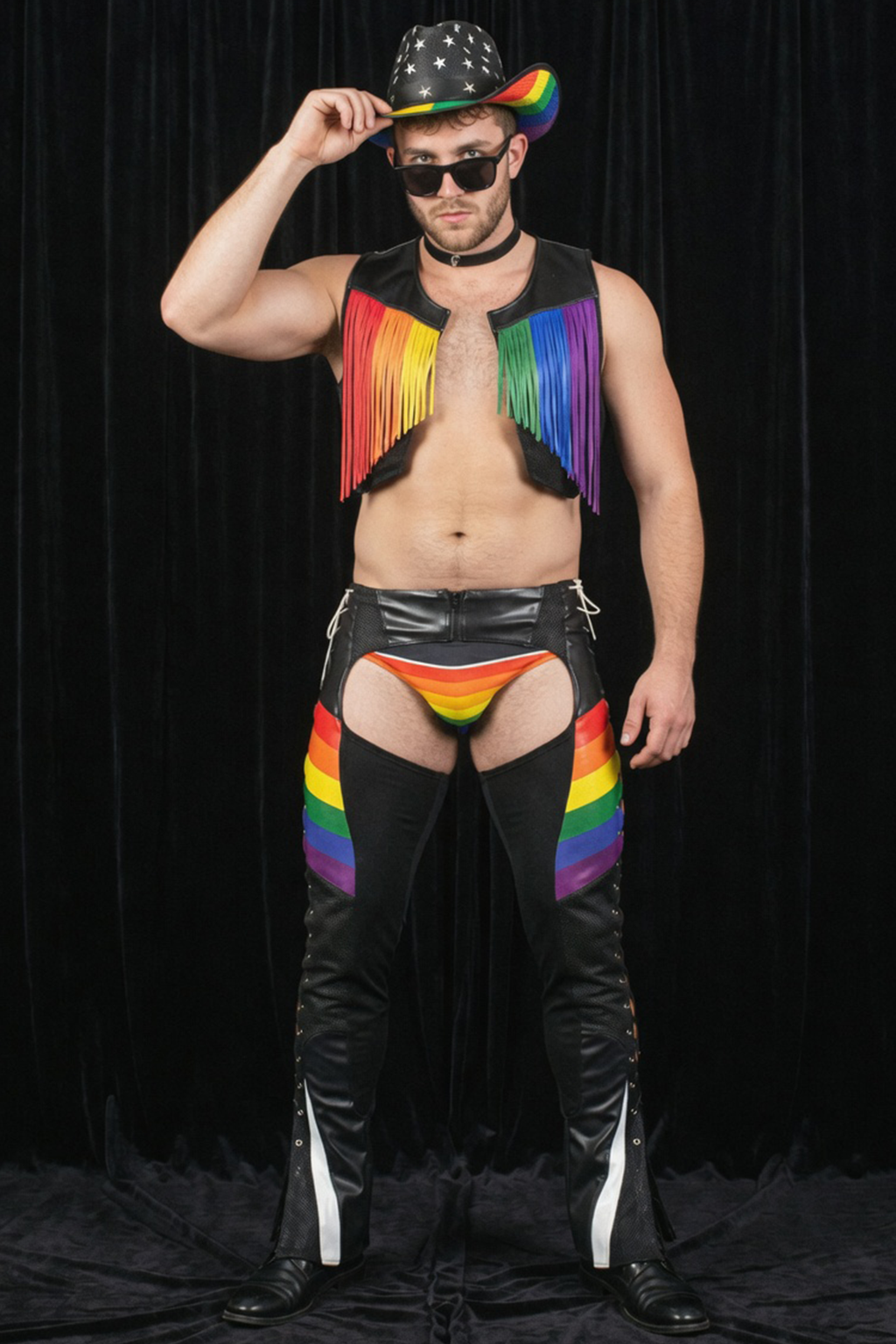 Joylgbt Men's Rainbow Fringe Biker Party Set