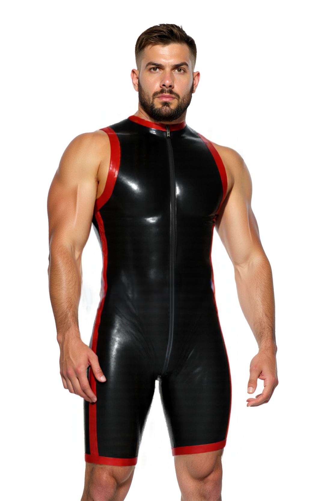 Joylgbt Men’s Sleeveless Bodysuit – Glossy Black Romper with Dual Zippers and Sport Edge