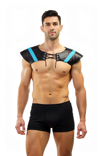 Men's Faux Leather Shoulder Harness with Blue Accents - Lace-Up Chest Design