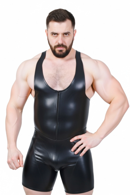 Joylgbt‘s Men’s Black Open‑Back Faux Leather Wrestling Singlet