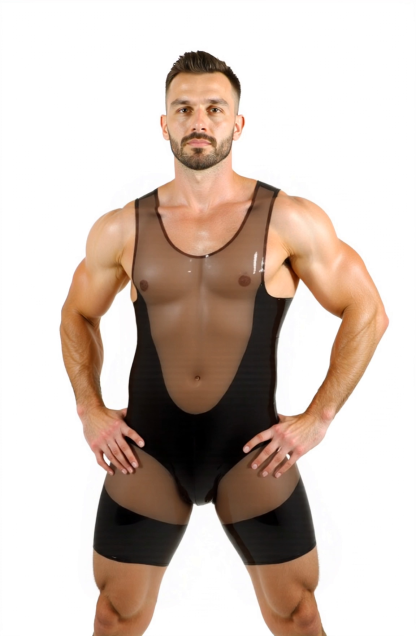 Joylgbt Men's Hybrid Transparent Mesh Leather Bodysuit