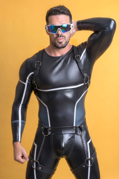 Joylgbt Men’s Black Glossy Long Sleeve Bodysuit Set