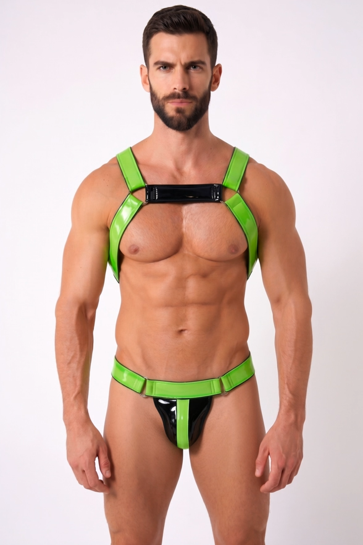 Neon Green/Black Gloss PU Harness Set