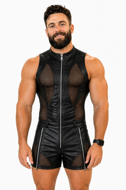 Joylgbt Men’s Blue Black High-Neck Sheer Bodysuit Shorts