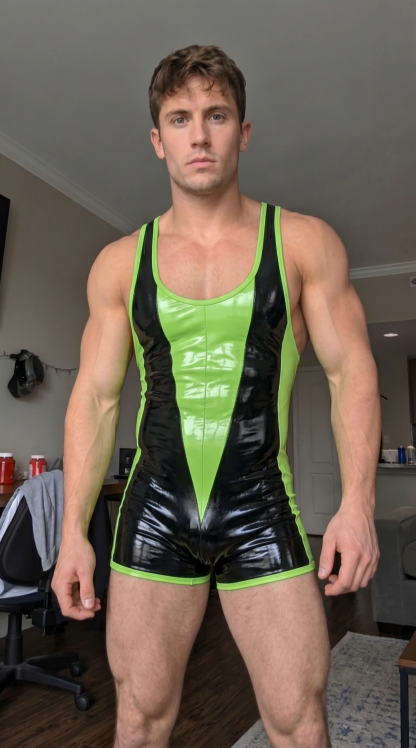 Joylgbt Men’s Black and Neon Green Glossy Colorblock Body-Hugging Romper Stretch Performance Short Jumpsuit