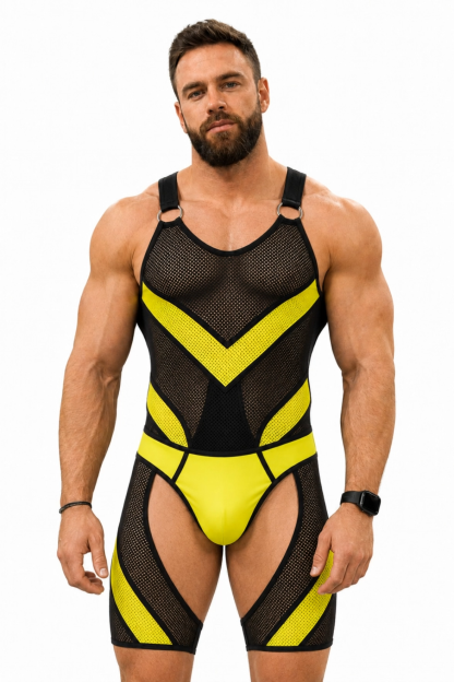 Joylgbt Men’s Black Yellow Mesh Bodysuit Shorts