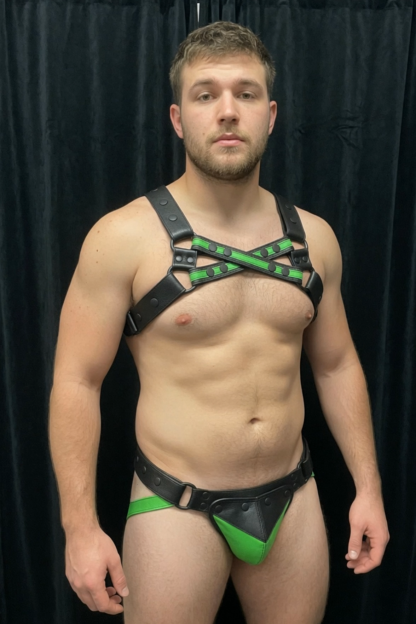 Joylgbt‘s Neon Beast: Black & Lime Green Contrast Faux Leather X-Harness Set - Wild Control