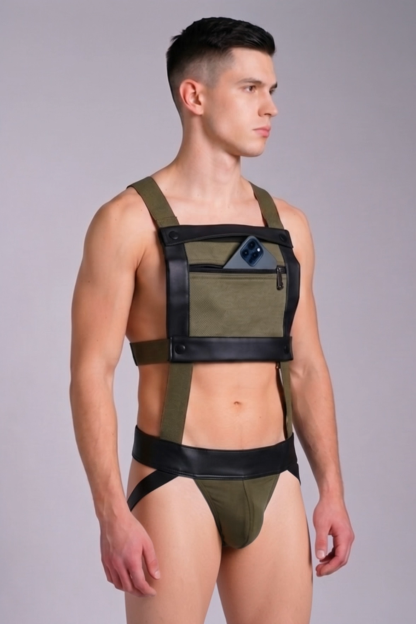 Joylgbt Men’s Khaki Utility Chest Rig Thong Set
