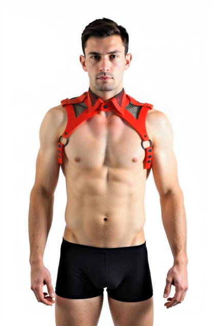 Men's Faux Leather & Mesh Chest Harness with Collar