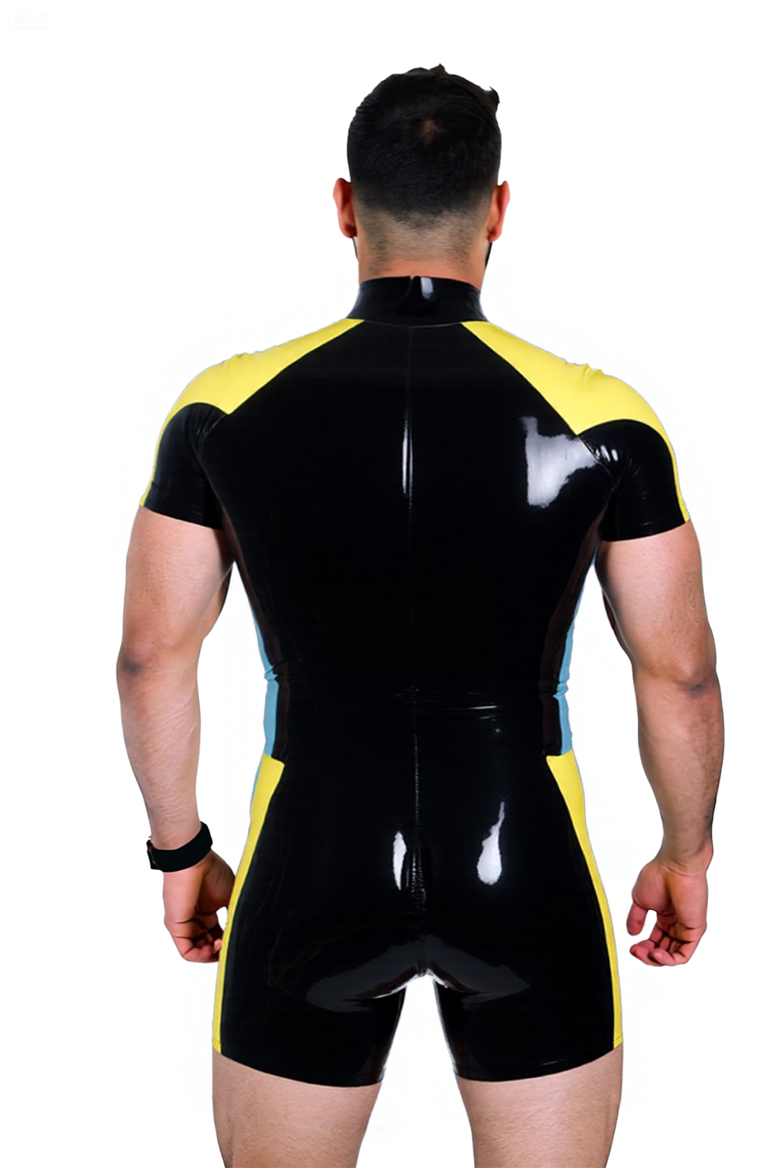 Men's Glossy Faux Leather Colorblock Bodysuit – Short Sleeve One-Piece in Black-Yellow or Red-Pink | Zipper Front Fetish Outfit for Gay Clubwear & Cosplay