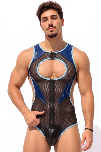 Joylgbt Men’s Blue Black Mesh Cut-Out Zip Bodysuit