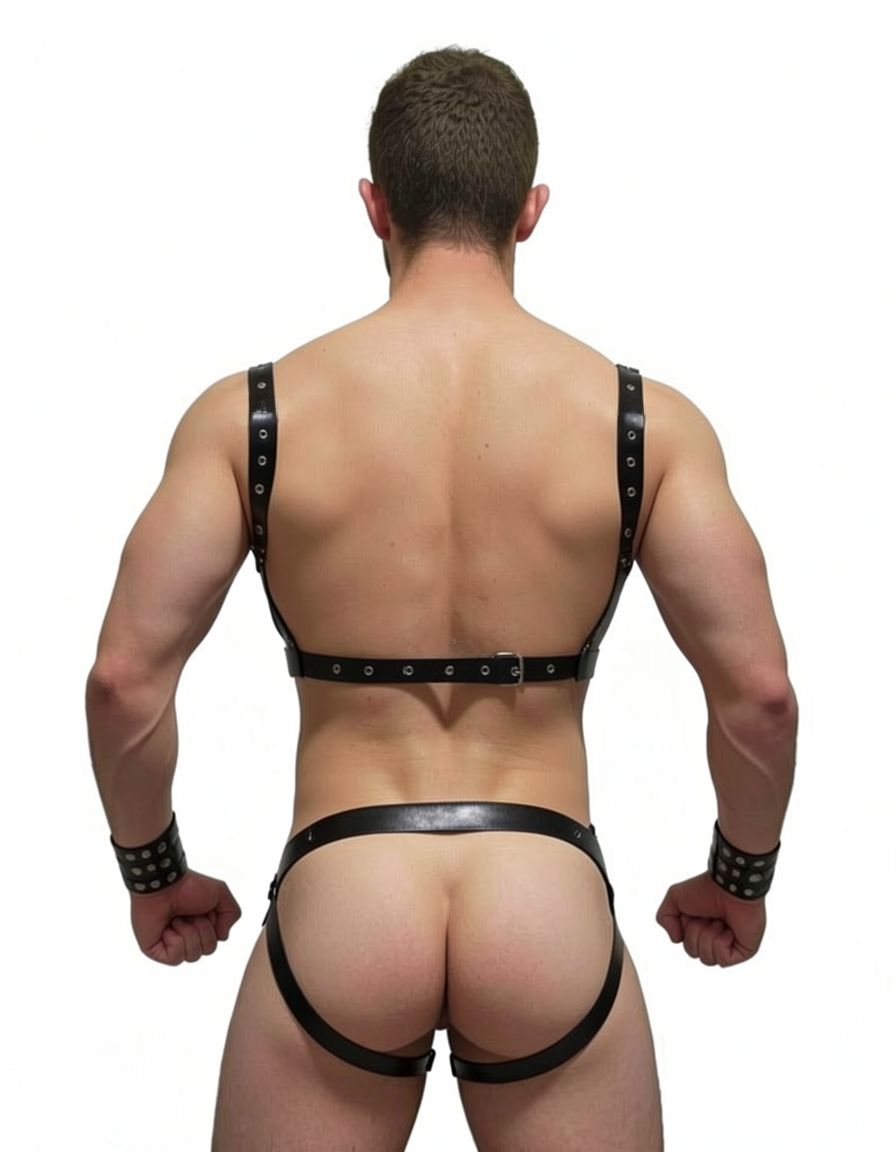 Joylgbt Men's Black Studded Faux Leather Metal-Ring Harness Underwear Set