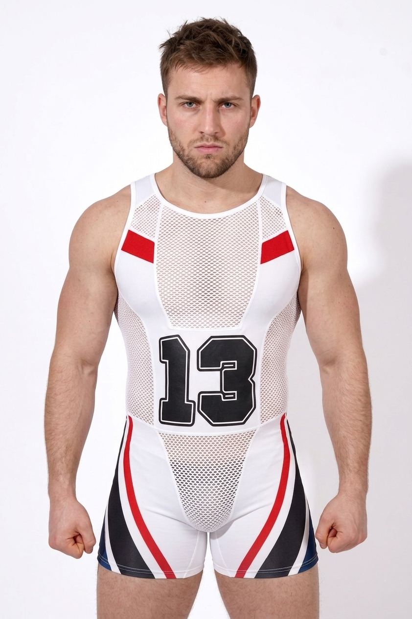 Joylgbt Men's Blue Breathable Mesh Number-Print Athletic Short Romper