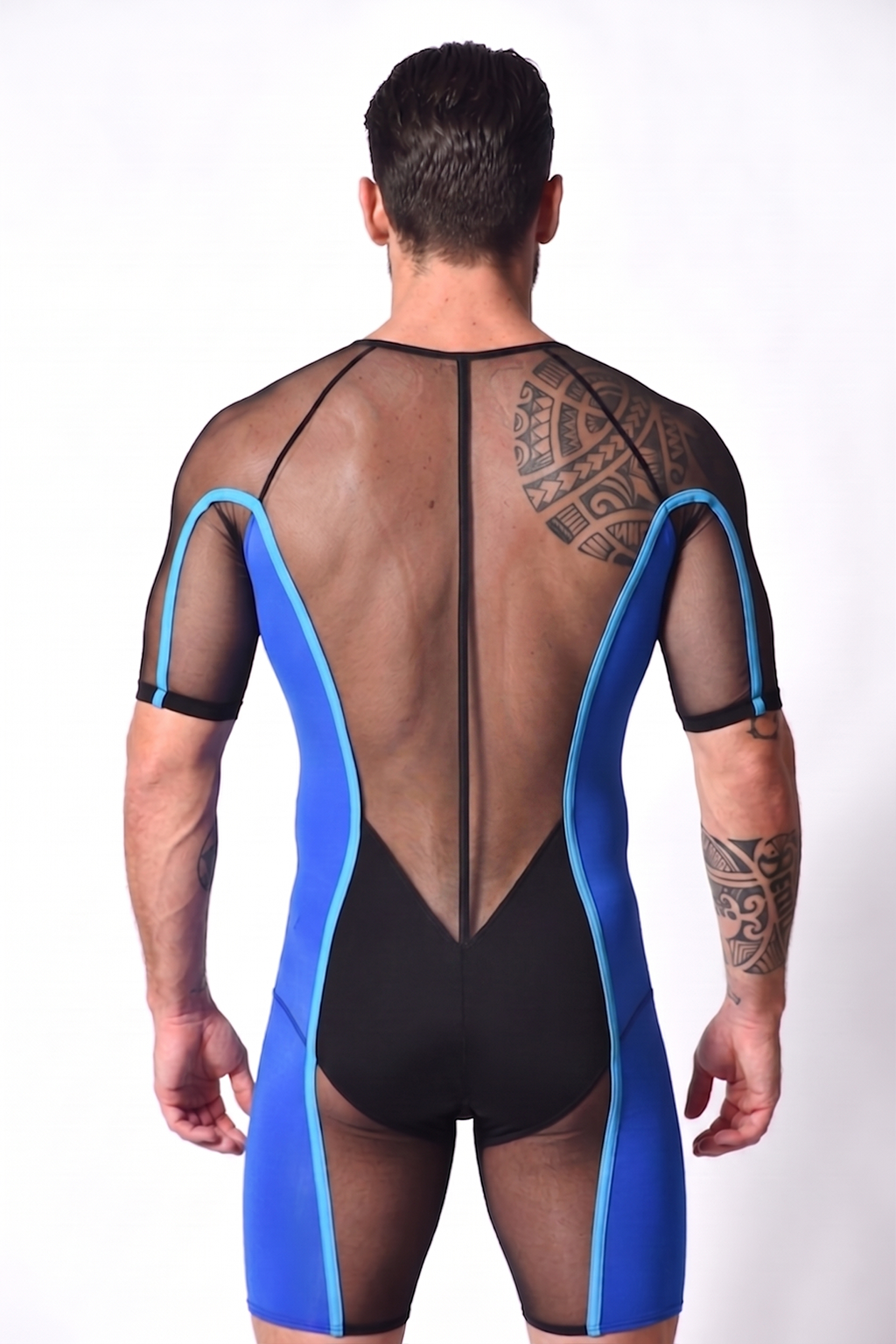 Blue/Black Contrast Mesh Zip-Up Bodysuit