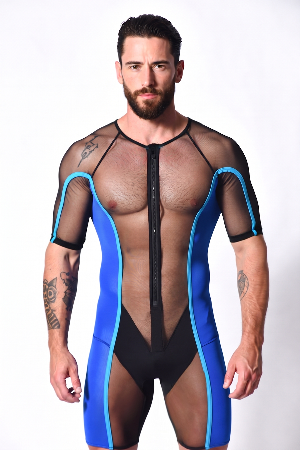 Blue/Black Contrast Mesh Zip-Up Bodysuit
