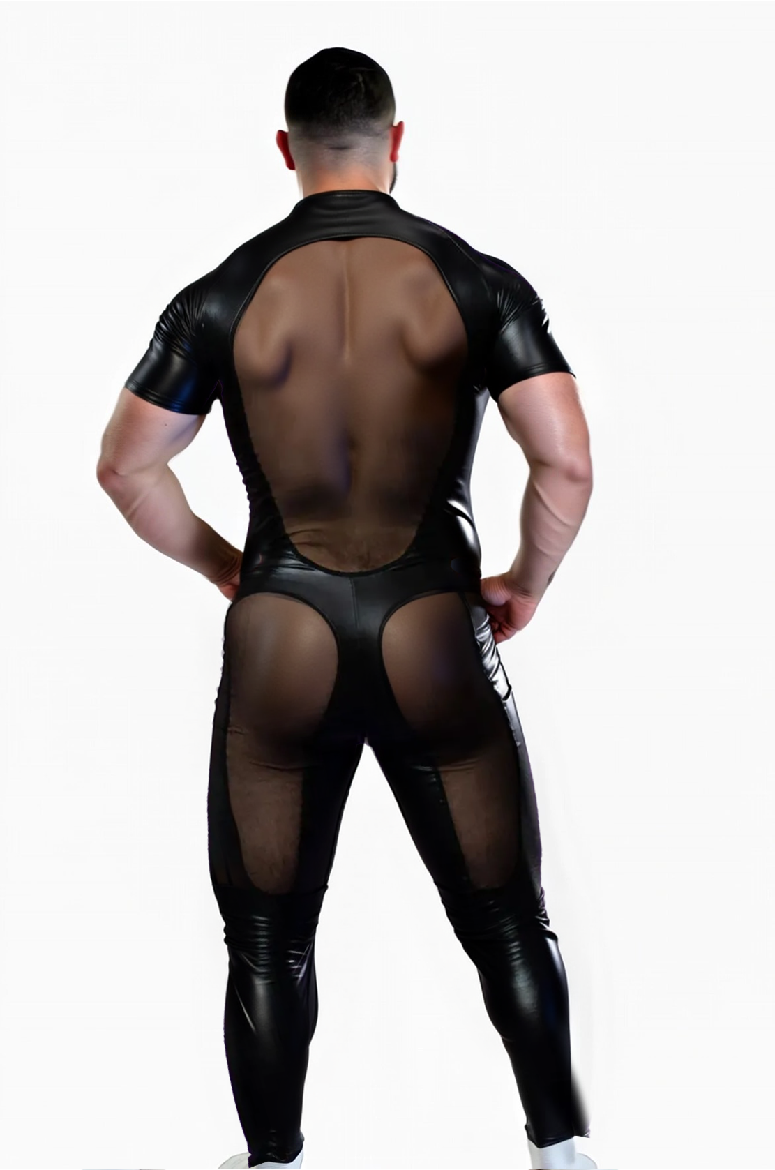 Men's Black Bodysuit with Mesh Accents
