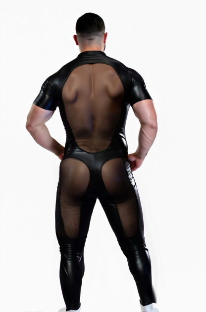 Men's Black Bodysuit with Mesh Accents