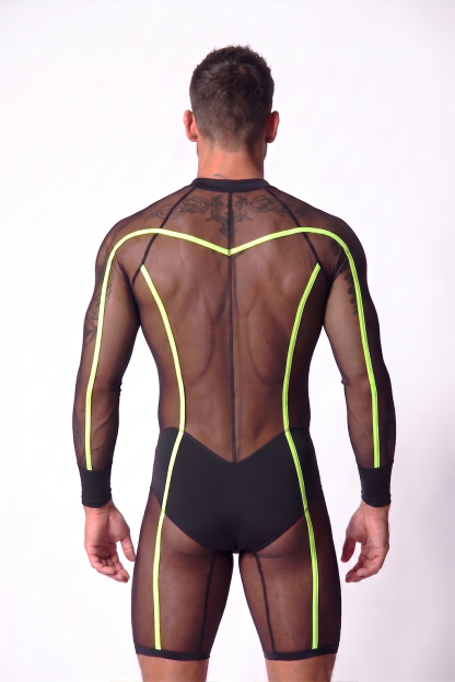 Neon-Trim Long Sleeve Mesh Zip Jumpsuit