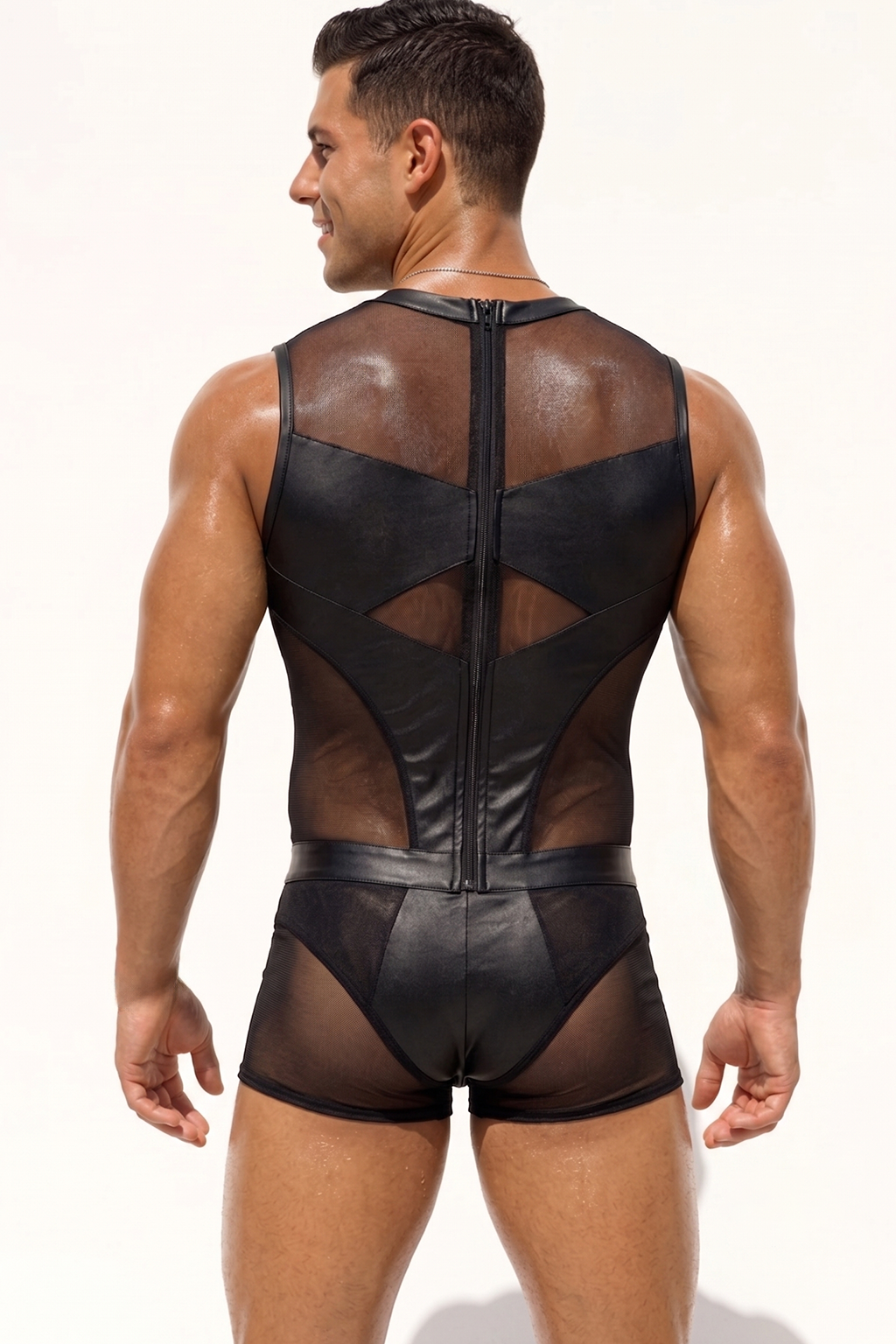 Black Zipper Sleeveless Mesh + PU Bodysuit