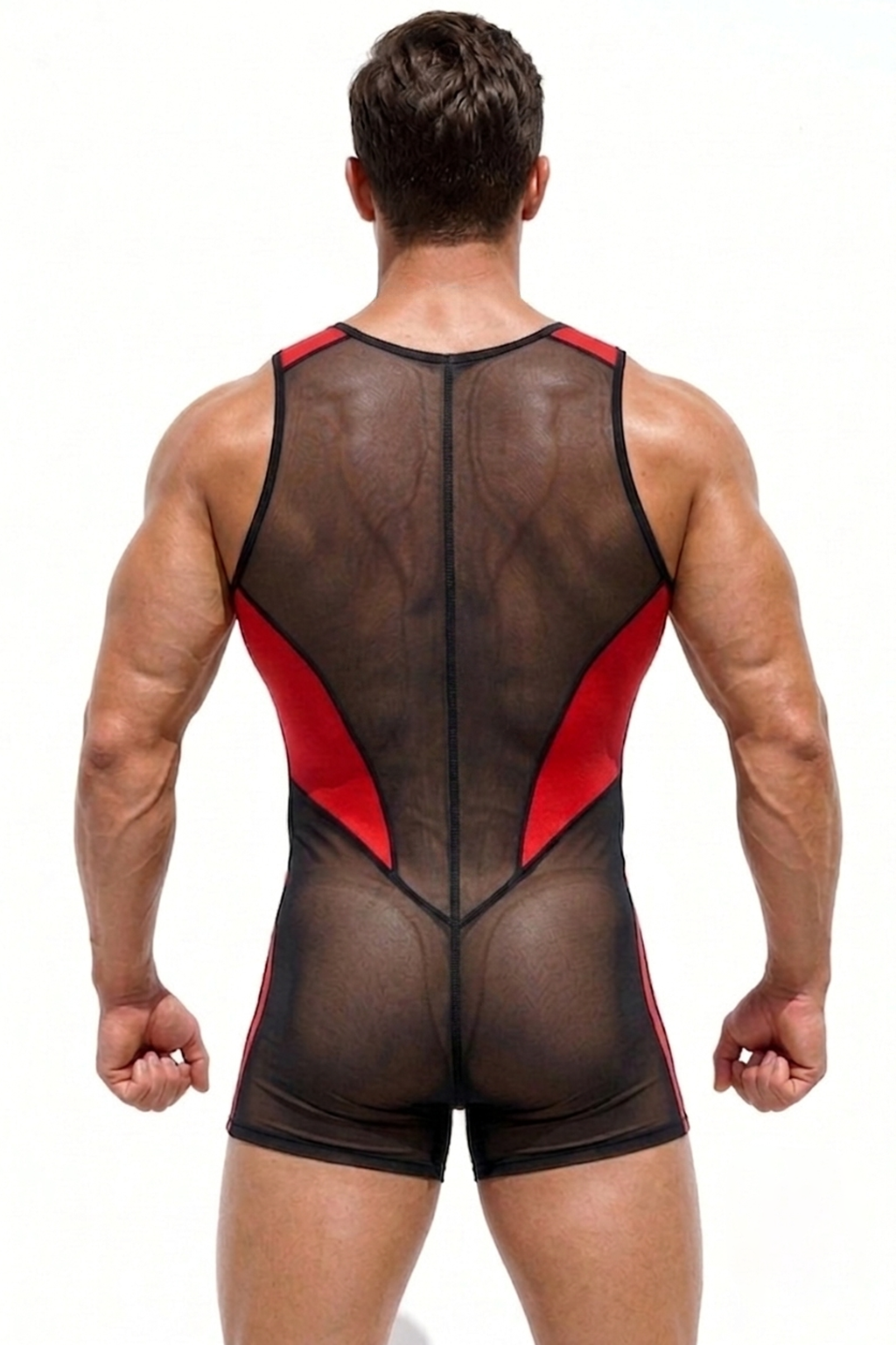 Red/Black Color‑Block Zipper Mesh Bodysuit