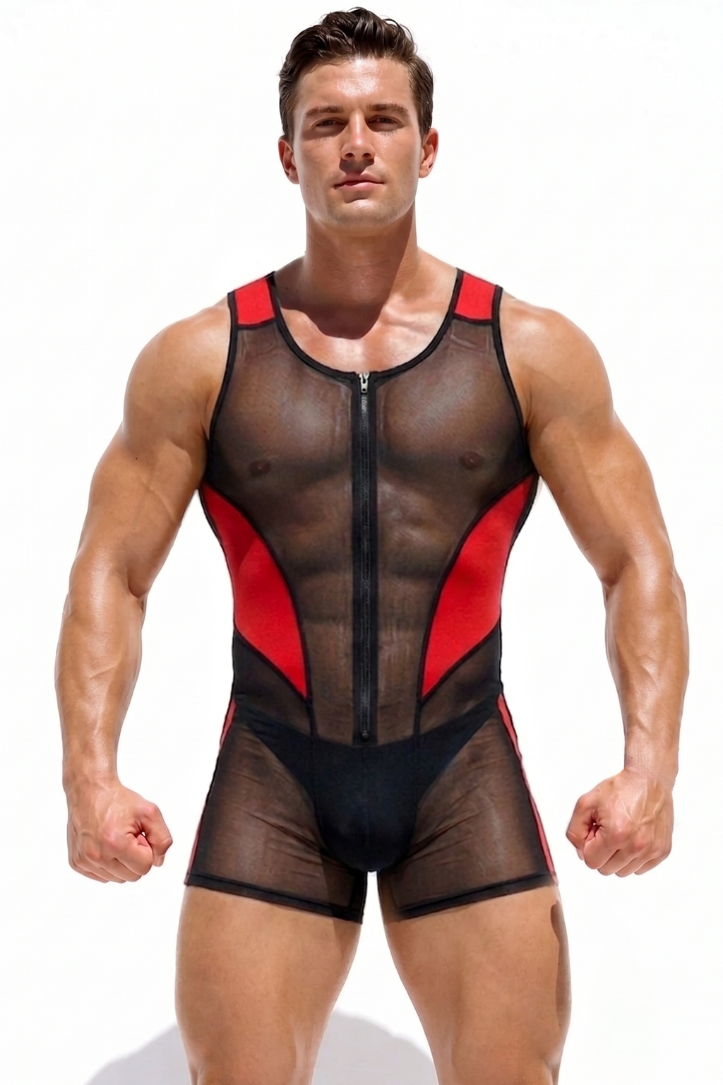 Red/Black Color‑Block Zipper Mesh Bodysuit