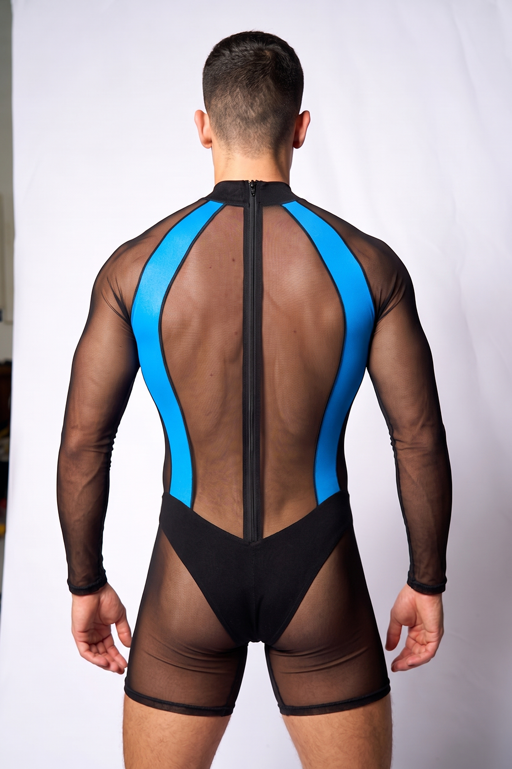 Blue/Black Sport‑Panel Long‑Sleeve Mesh Bodysuit