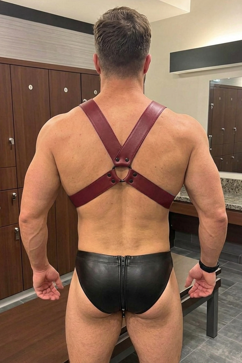 Men’s Burgundy & Black PU Leather Harness Jock Set