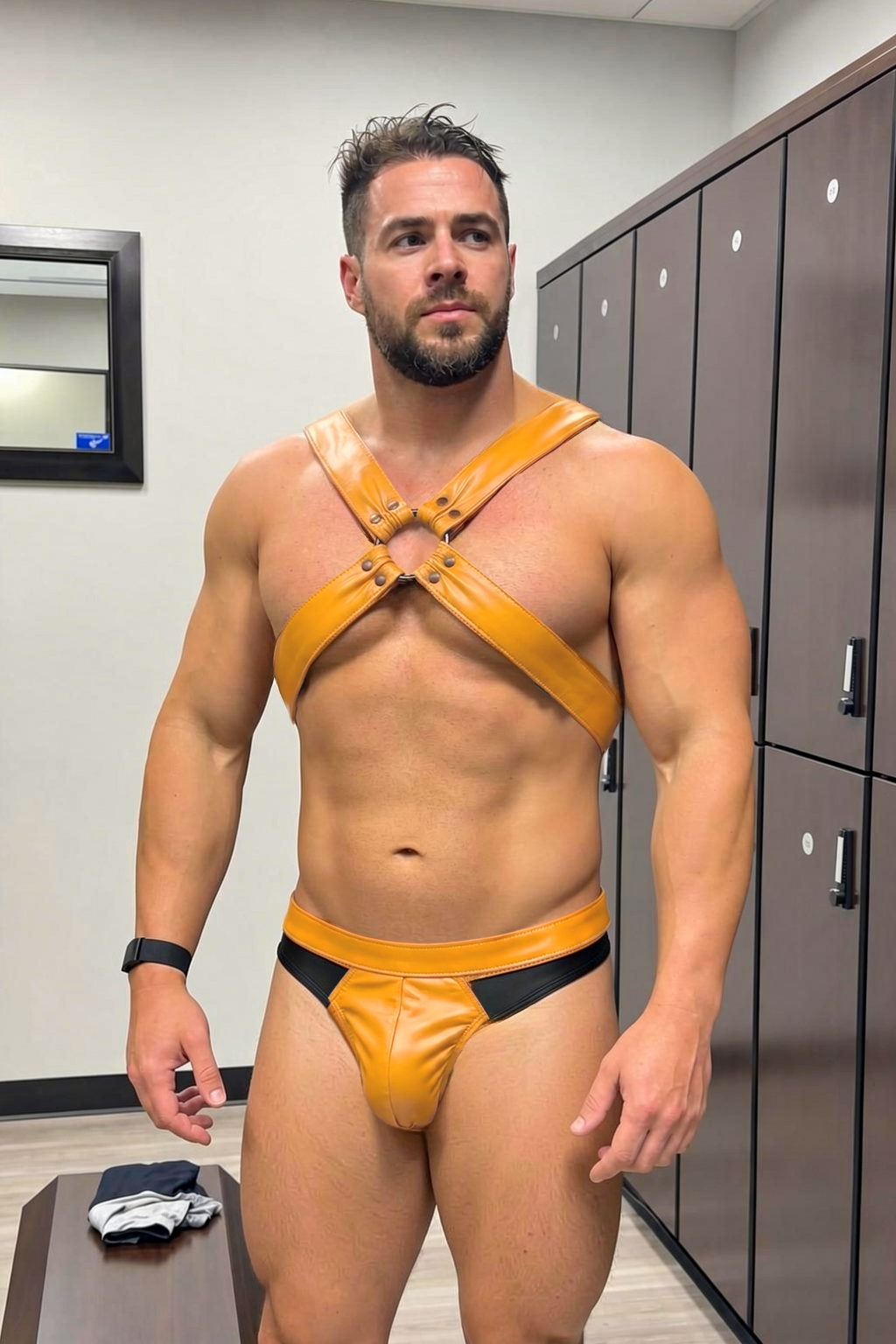 Men’s Tan PU Leather X-Cross Harness & Color-Block Brief Set 