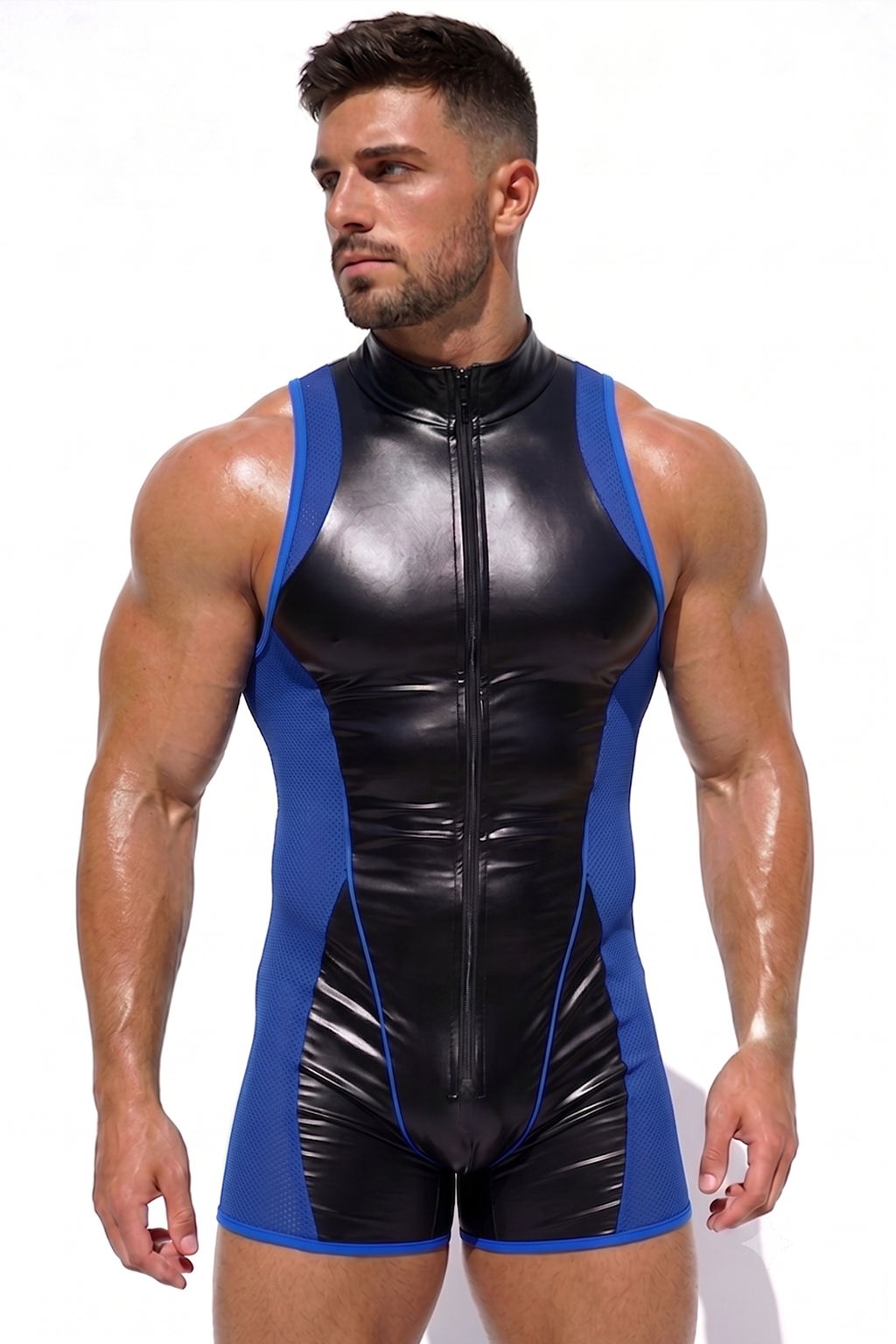 Men’s Black Blue PU Leather Sleeveless Bodysuit Breathable Mesh Front Zip Sporty Stagewear