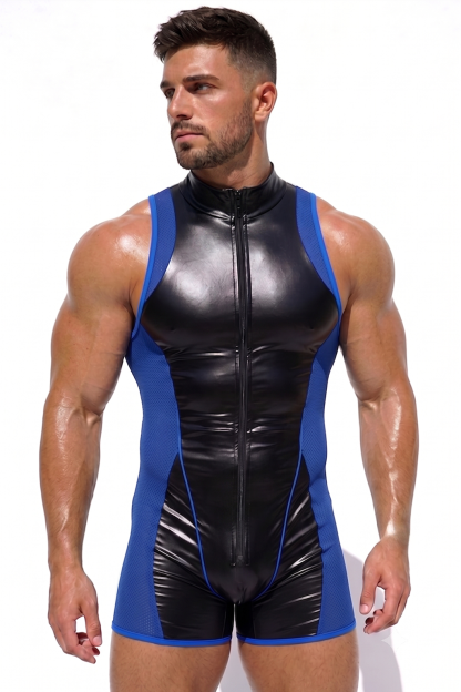 Men’s Black Blue PU Leather Sleeveless Bodysuit Breathable Mesh Front Zip Sporty Stagewear