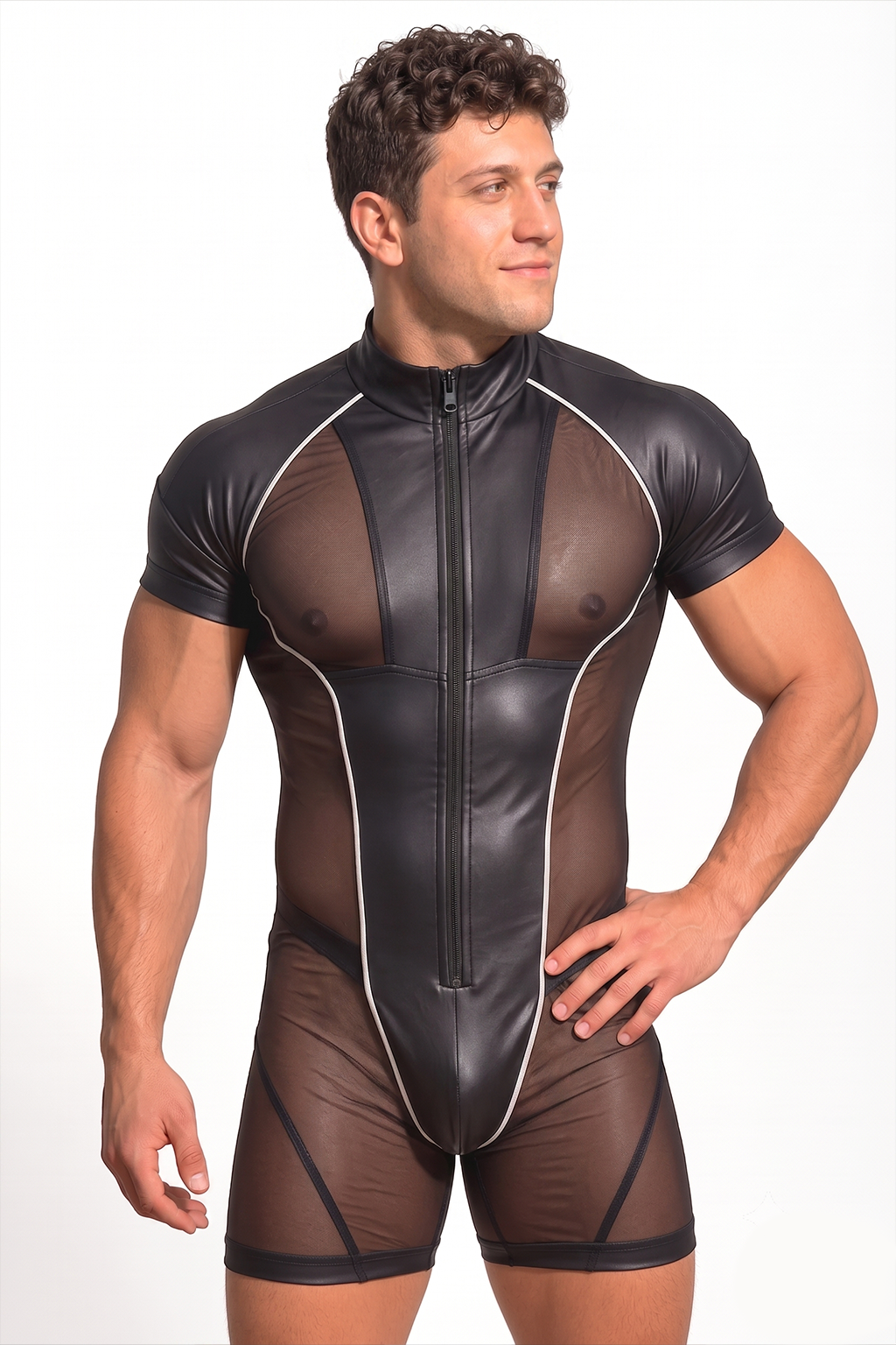 Men’s Black PU Leather Mesh Panel Short Sleeve Bodysuit Front Zip Slim Party Stagewear