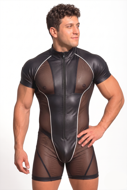 Men’s Black PU Leather Mesh Panel Short Sleeve Bodysuit Front Zip Slim Party Stagewear